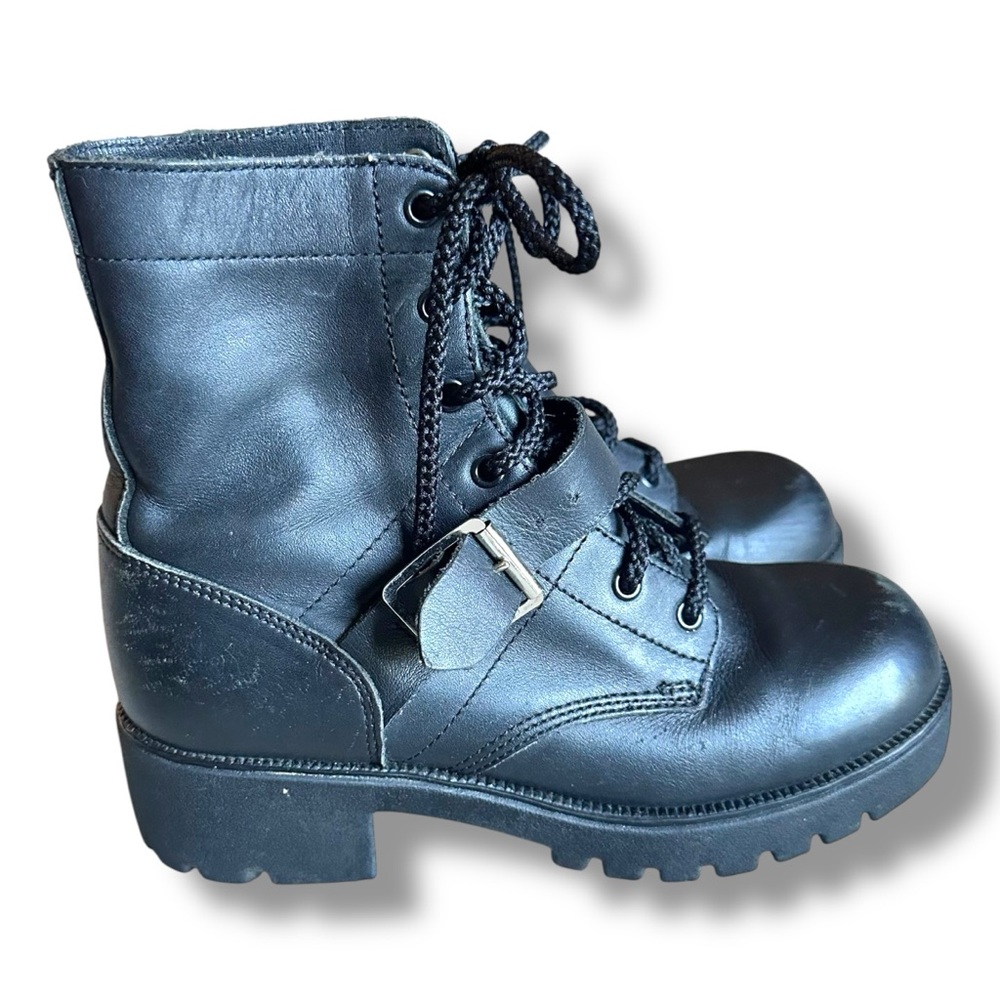 Double H Black Leather Lace Up Combat Boots Buckle Grunge Moto Utility Size 7.5